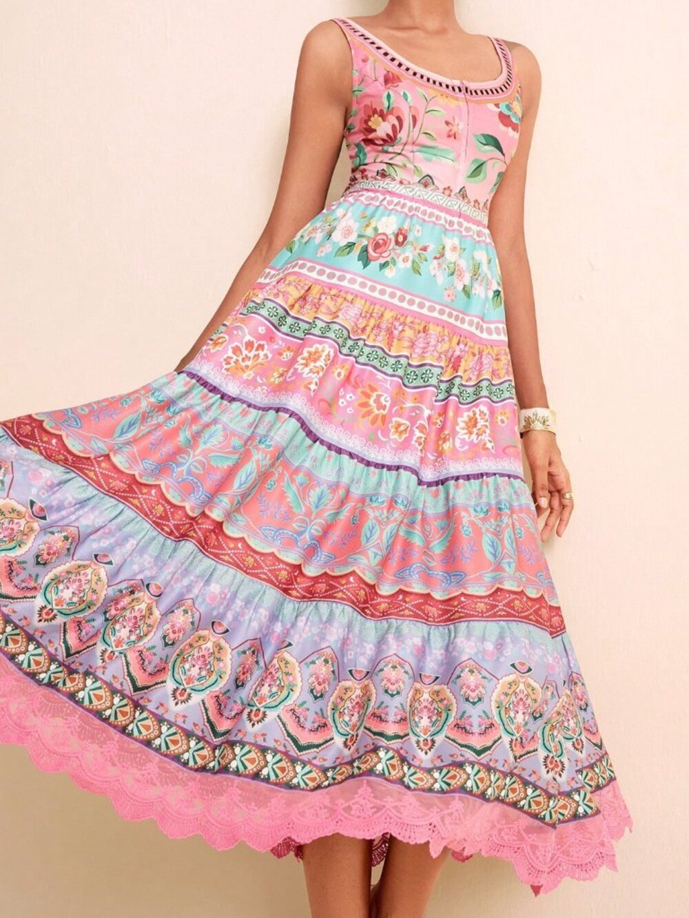Multicolor Boho Women's Dress Floral Gradient U-Neck Sleeveless Cinched Waist - Picture 7 of 9